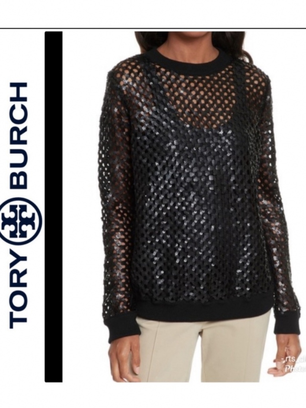 Tory Burch Black Lansing Merino Wool Blend Open Knit Sequin Sweater Women's M